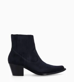 Bottine western chelsea brodée à talon - Simone 50 - Cuir velours - Marine