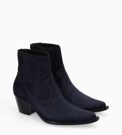 Bottine western chelsea brodée à talon - Simone 50 - Cuir velours - Marine
