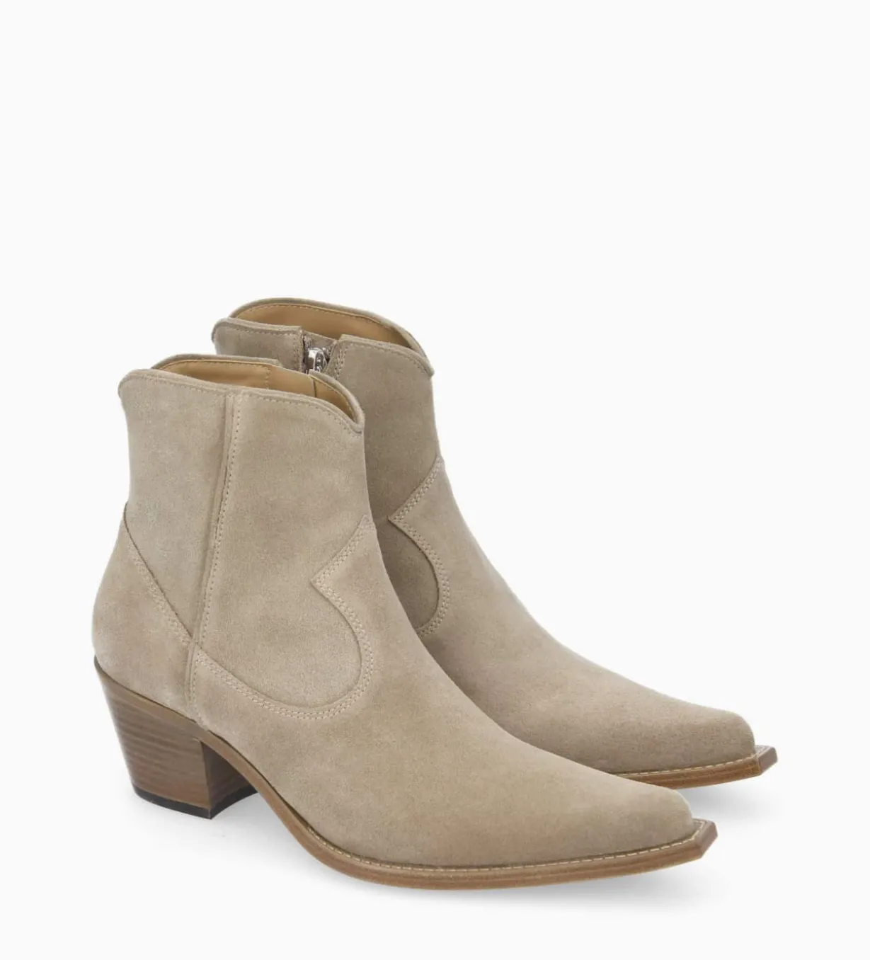 Bottine western zippée à talon - Sadie 50 - Cuir velours - Grège