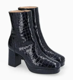 Bottine zippée à talon - Carlotta 70 - Cuir imprimé crocodile verni - Bleu nuit