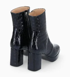 Bottine zippée à talon - Carlotta 70 - Cuir imprimé crocodile verni - Bleu nuit
