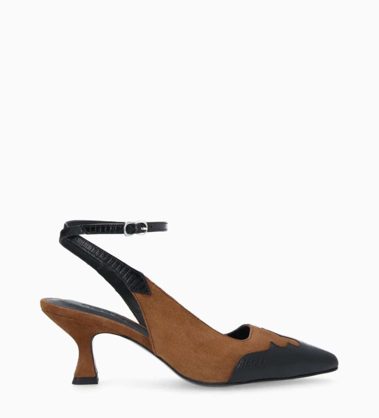 Escarpin à bride arrière - Suzy 60 - Cuir velours/Cuir imprimé lézard - Noir/Brun