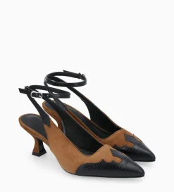 Escarpin à bride arrière - Suzy 60 - Cuir velours/Cuir imprimé lézard - Noir/Brun