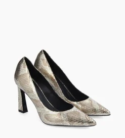 Escarpin à talon à bout pointu - Iris 85 - Cuir imprimé serpent - Doré