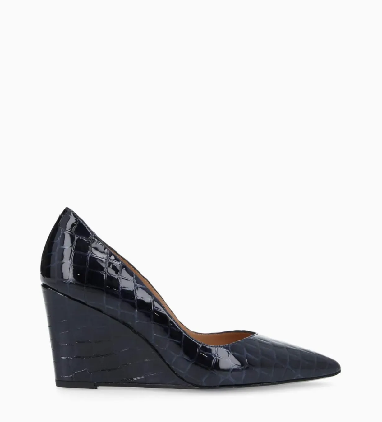 Escarpin à talon compensé à bout pointu - Francesca 70 - Cuir imprimé crocodile verni - Bleu nuit