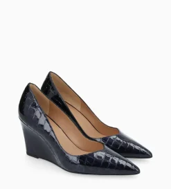 Escarpin à talon compensé à bout pointu - Francesca 70 - Cuir imprimé crocodile verni - Bleu nuit