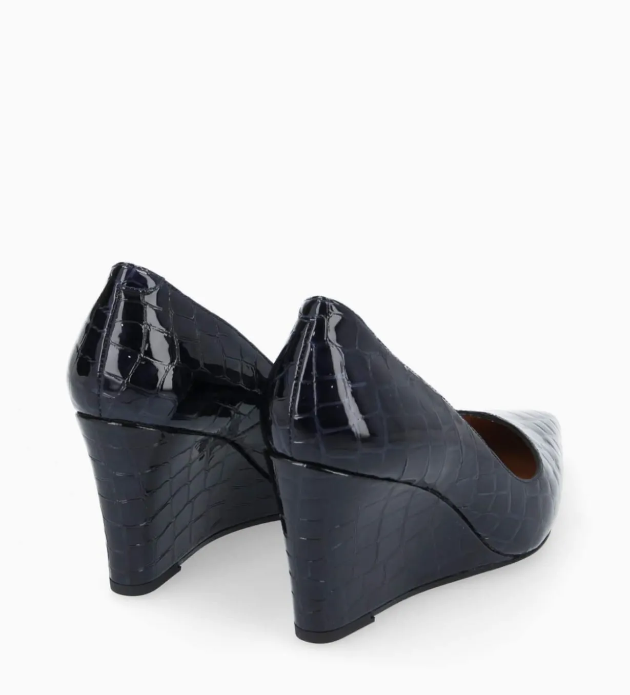 Escarpin à talon compensé à bout pointu - Francesca 70 - Cuir imprimé crocodile verni - Bleu nuit