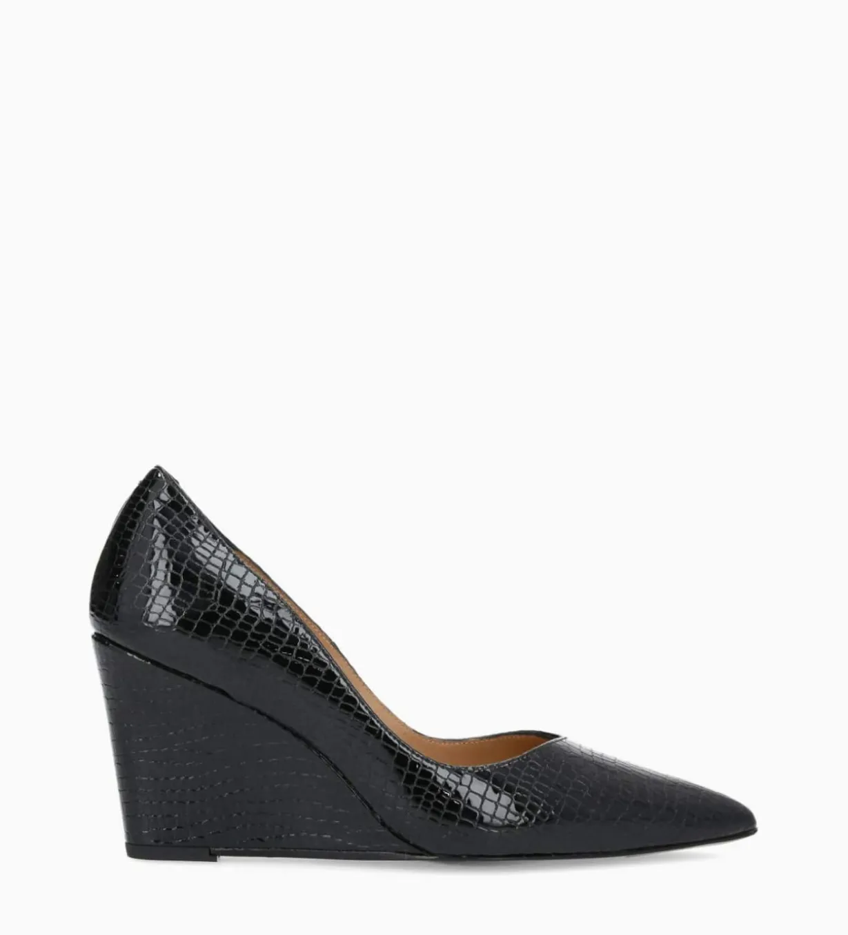Escarpin à talon compensé à bout pointu - Francesca 70 - Cuir imprimé serpent verni - Noir