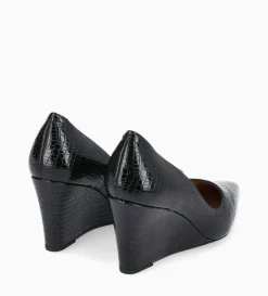 Escarpin à talon compensé à bout pointu - Francesca 70 - Cuir imprimé serpent verni - Noir