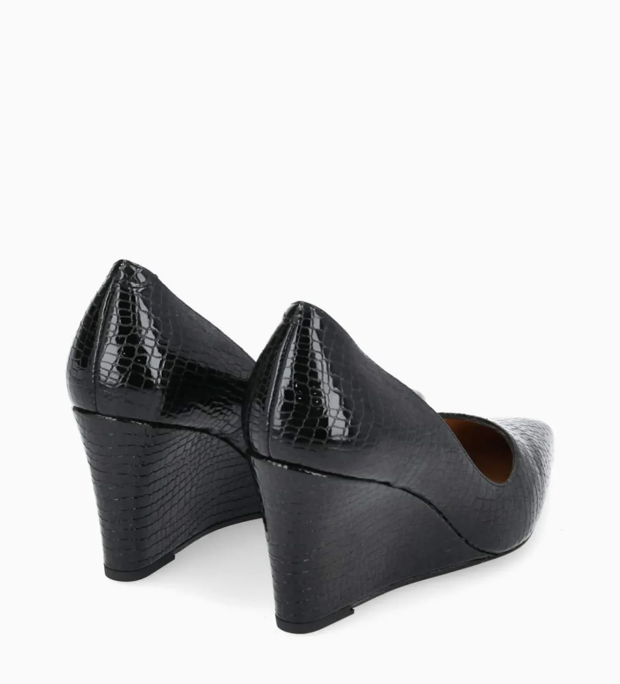 Escarpin à talon compensé à bout pointu - Francesca 70 - Cuir imprimé serpent verni - Noir