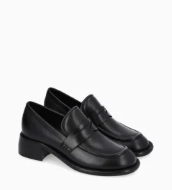 Mocassin à talon à bout carré - Anaïs 50 - Cuir de veau lisse brillant- Noir