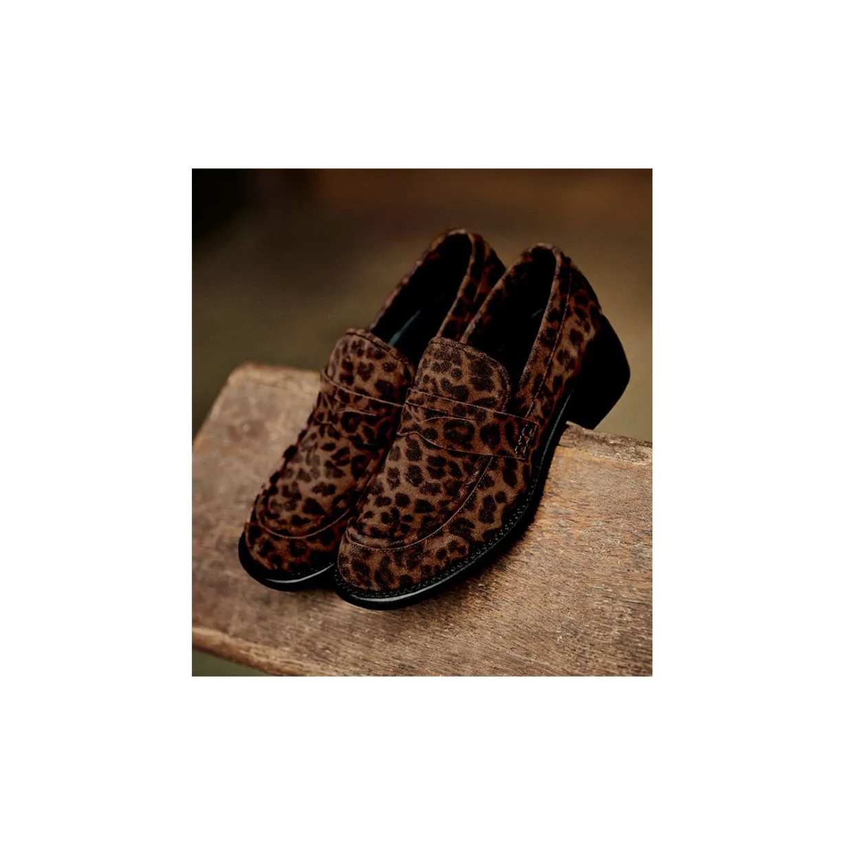 Mocassin à talon à bout carré - Anaïs 50 - Cuir velours - Léopard