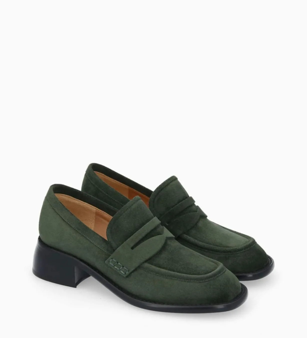 Mocassin à talon à bout carré - Anaïs 50 - Cuir velours - Militaire